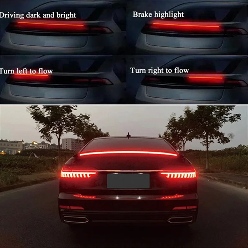 Taśma LED z włókna węglowego PVC do tylnego spoilersa samochodu, lampka sygnalizacyjna, kierunkowskaz, światło hamowania