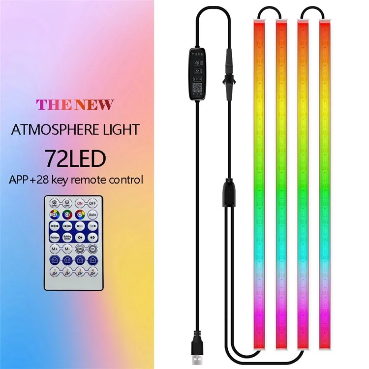 N2U-72 4Pcs Car 72LED Underglow Light Multi-color Bluetooth-compatible APP Control USB Car Decorative Lamp Underbody LED Strip Lights