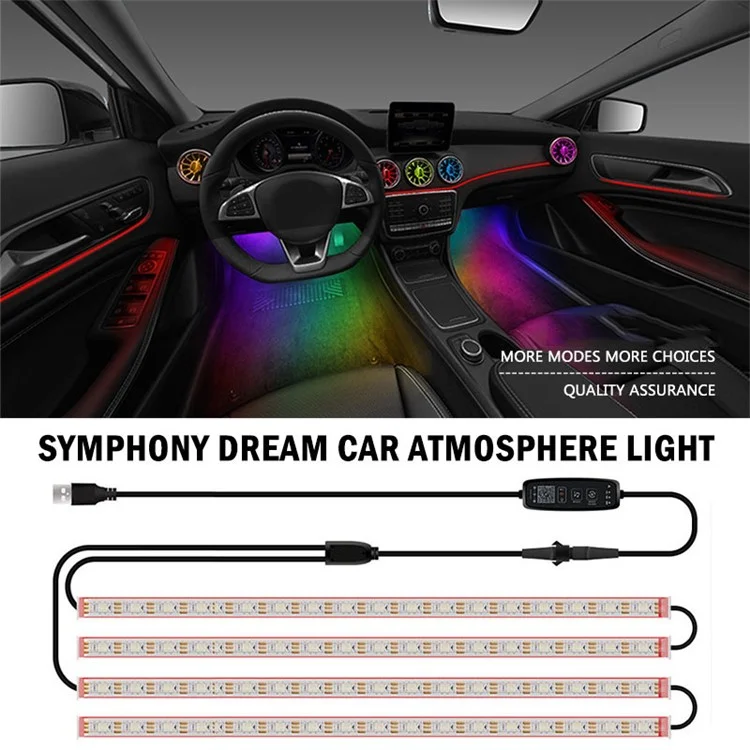 N2U-72 4Pcs Car 72LED Underglow Light Multi-color Bluetooth-compatible APP Control USB Car Decorative Lamp Underbody LED Strip Lights