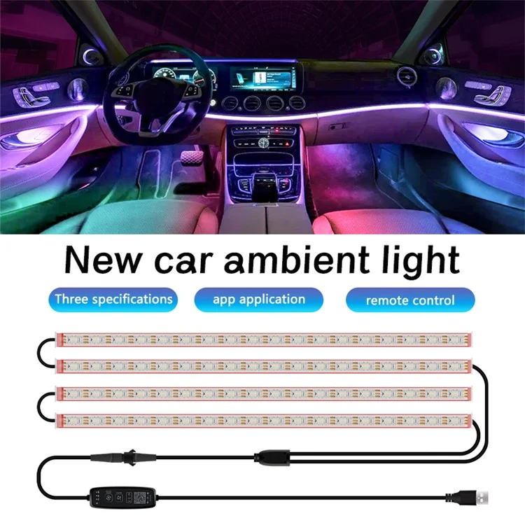 N2U-72 4Pcs Car 72LED Underglow Light Multi-color Bluetooth-compatible APP Control USB Car Decorative Lamp Underbody LED Strip Lights