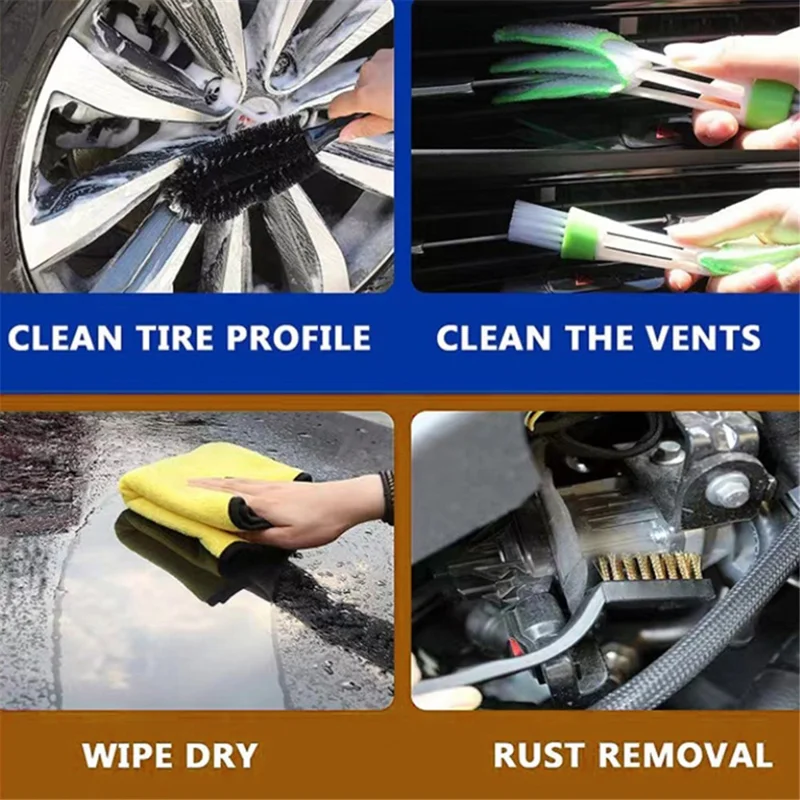 14 pièces / Ensemble de chiffon de nettoyage de voiture, gant de lavage, chiffon à poussière, brosse pour moyeu de roue, kit de brosses de détail pour véhicule
