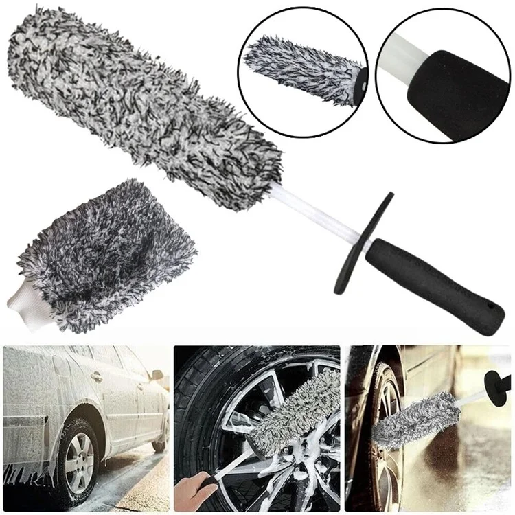 Car Wheel Cleaning Brush Soft Microfibre Long Handle Rim Detailing Brush - Blue+White Handle
