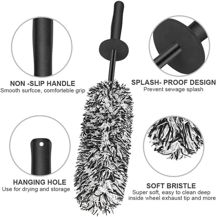 Car Wheel Cleaning Brush Soft Microfibre Long Handle Rim Detailing Brush - Blue+White Handle