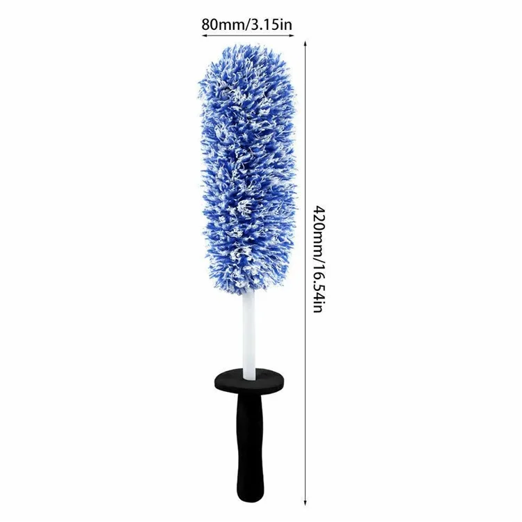 Car Wheel Cleaning Brush Soft Microfibre Long Handle Rim Detailing Brush - Blue+White Handle
