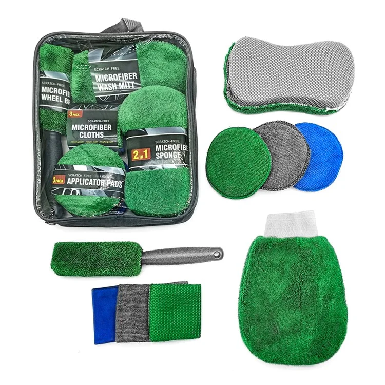 9 Pièces / Ensemble Kit de lavage de voiture Outils de détaillage automobile pour le nettoyage du pare-brise du capot des portes des fenêtres - Vert / Toile d'Oxford 