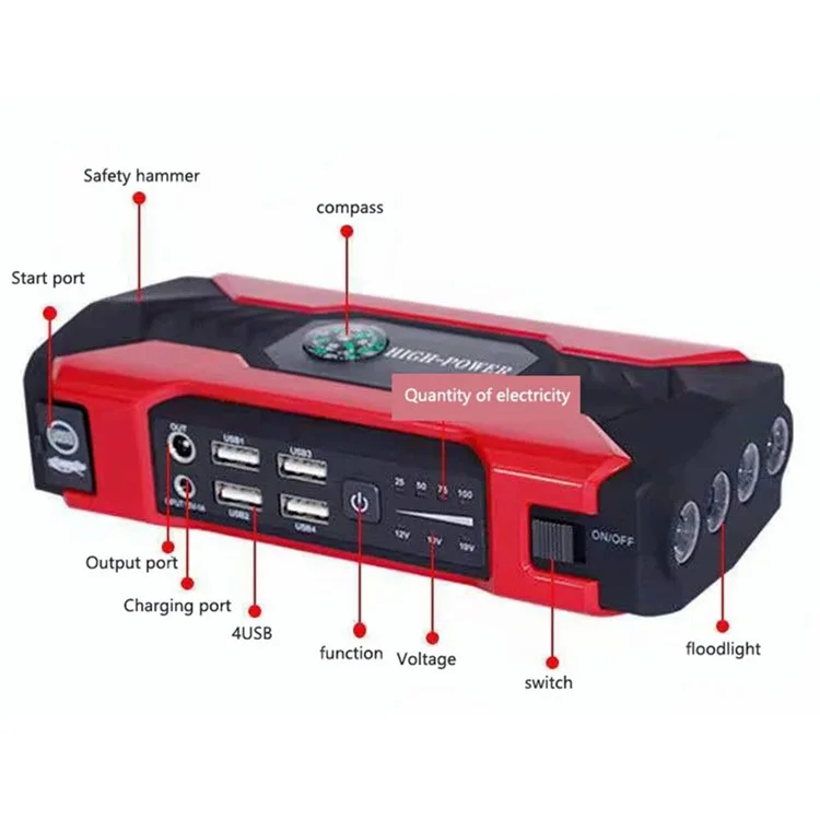 J12 LED Display Car Jump Starter 12V Carer de Emergência de Carro 10000mAh Power Bank, Versão Padrão (plugue da Ue) - Vermelho