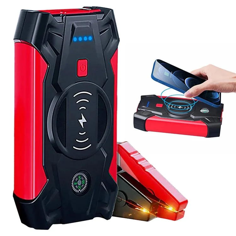 J13 Portable Car Jump Starter 12V Car Emergency Starter Cell Phone Power Bank with Wireless Charging (EU Plug) - Red / Storage Bag