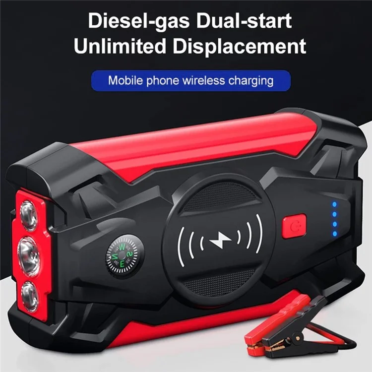 J13 Portable Car Jump Starter 12V Car Emergency Starter Cell Phone Power Bank with Wireless Charging (EU Plug) - Red / Storage Bag