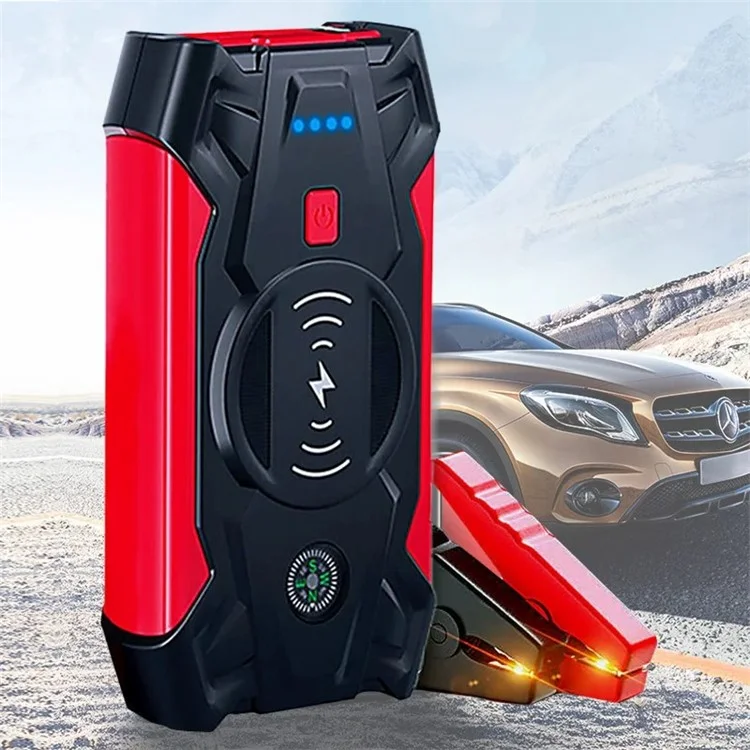 J13 Portable Car Jump Starter 12V Car Emergency Starter Cell Phone Power Bank with Wireless Charging (EU Plug) - Red / Storage Bag