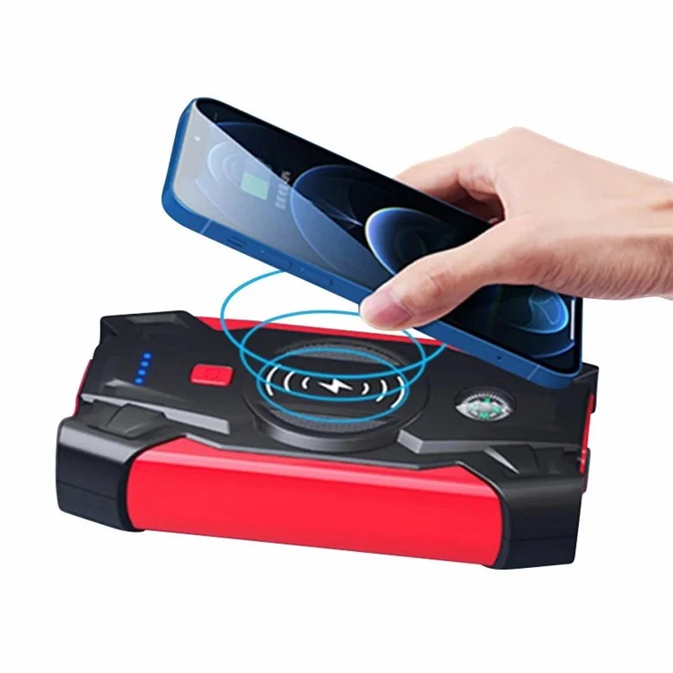 J13 Tragbarer Autostarthilfe mit Reifenaufpumpstation, 12V Autonotfall-Starter Kabellose Aufladung Powerbank (EU Stecker)