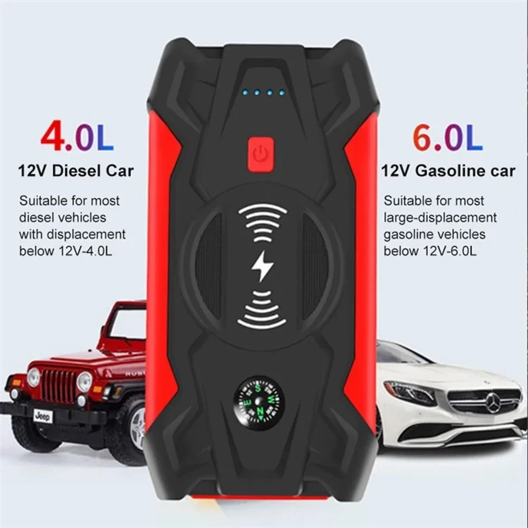 J13 Tragbarer Autostarthilfe mit Reifenaufpumpstation, 12V Autonotfall-Starter Kabellose Aufladung Powerbank (EU Stecker)