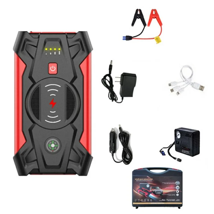 J13 Tragbarer Autostarthilfe mit Reifenaufpumpstation, 12V Autonotfall-Starter Kabellose Aufladung Powerbank (EU Stecker)