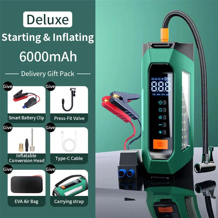 PS-219 All-in-One Emergency Start 6000mAh Battery Power Supply Vehicle Air Pump - Green