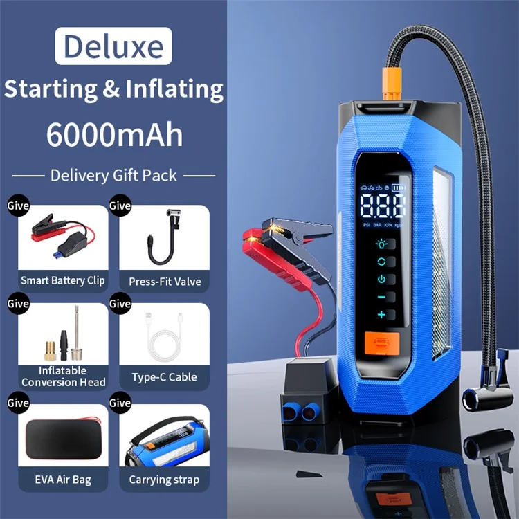PS-219 All-in-One Emergency Start 6000mAh Battery Power Supply Vehicle Air Pump - Blue