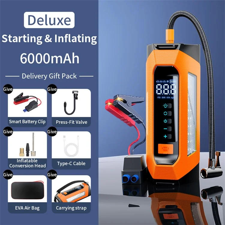 PS-219 All-in-One Emergency Start 6000mAh Battery Power Supply Vehicle Air Pump - Orange