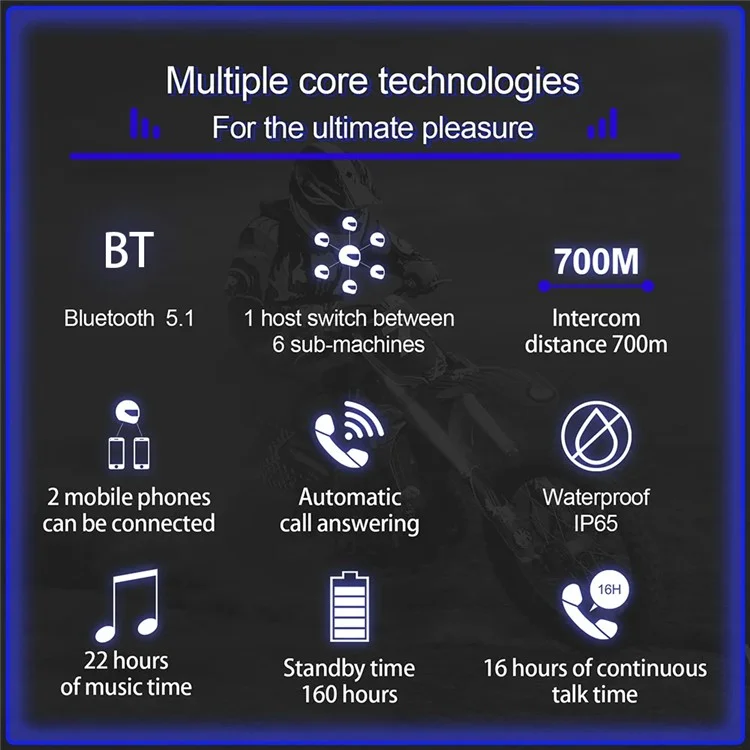Ejea V7 1pair Motorcycle Interfo Bluetooth 5.1 Auricolare 700m Communicatore Wireless Per 7 Ciclisti