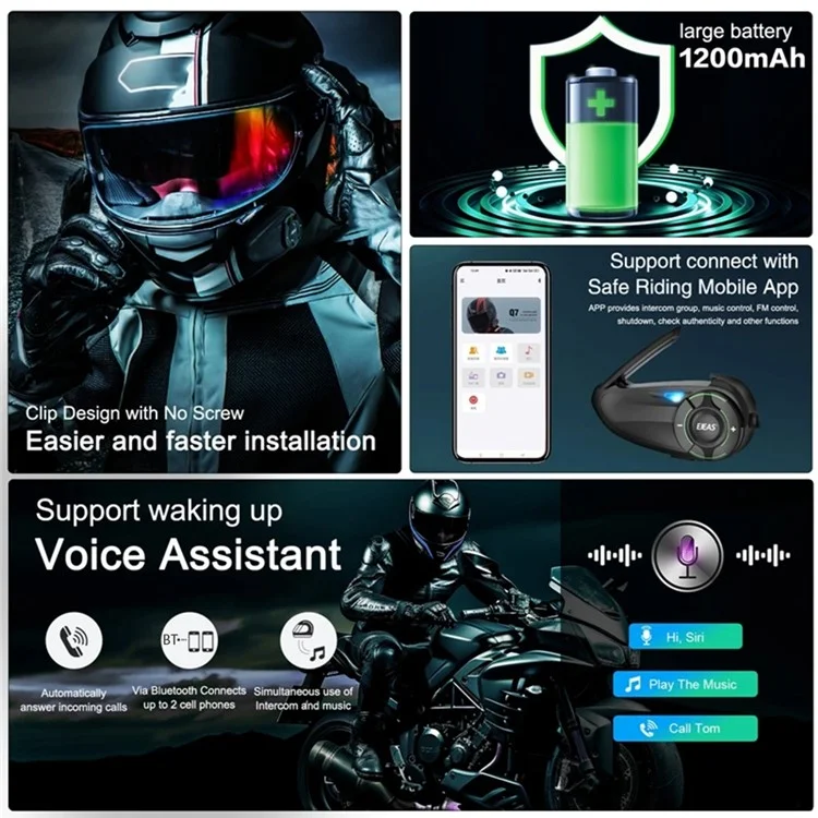 EJEAS Q8 1Pair Mesh3.0 Intercomunicador Bluetooth para Capacete de Motocicleta para 6 Pilotos (CE)