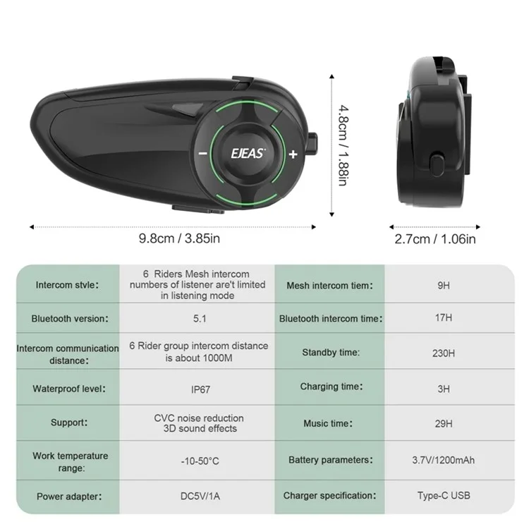 EJEAS Q8 1Pair Mesh3.0 Intercom Motorcycle Helmet Bluetooth Headset for 6 Riders (CE)