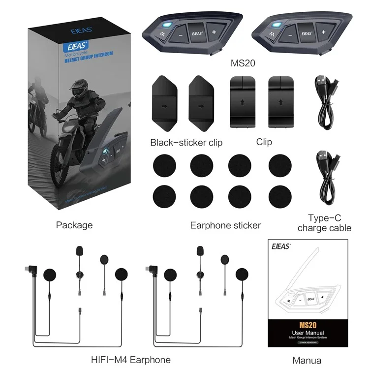 EJEAS MS20 2Pcs Motorcycle Helmet Intercom Bluetooth Headset Mesh Interphone for 20 Riders (CE Certified)