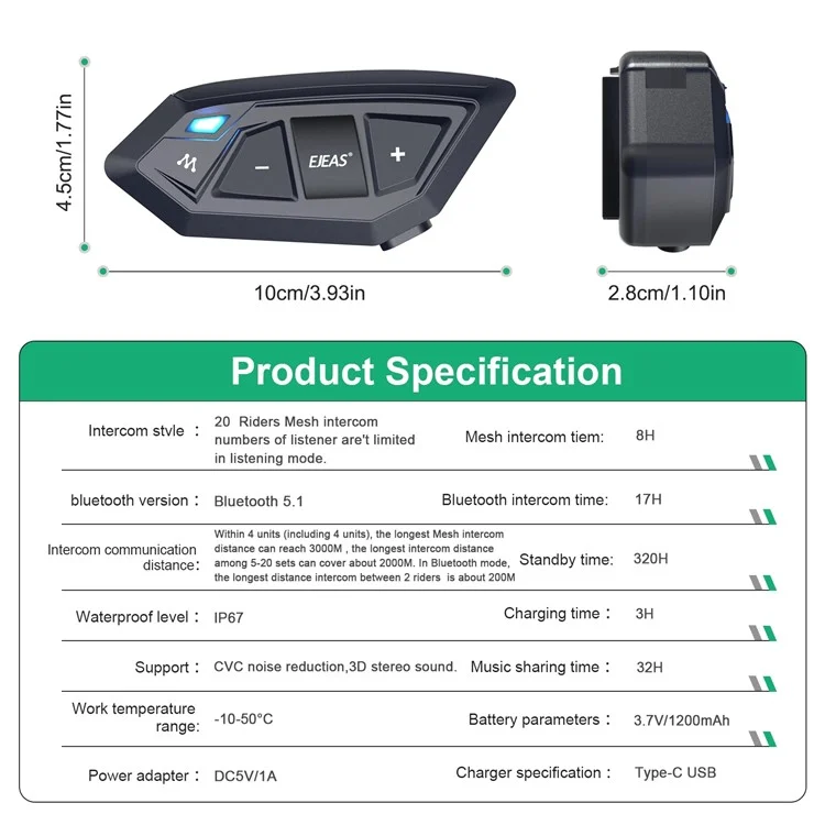 EJEAS MS20 2 piezas Intercomunicador de casco de motocicleta Bluetooth Auricular Intercomunicador inalámbrico Mesh para 20 jinetes (Certificado CE)