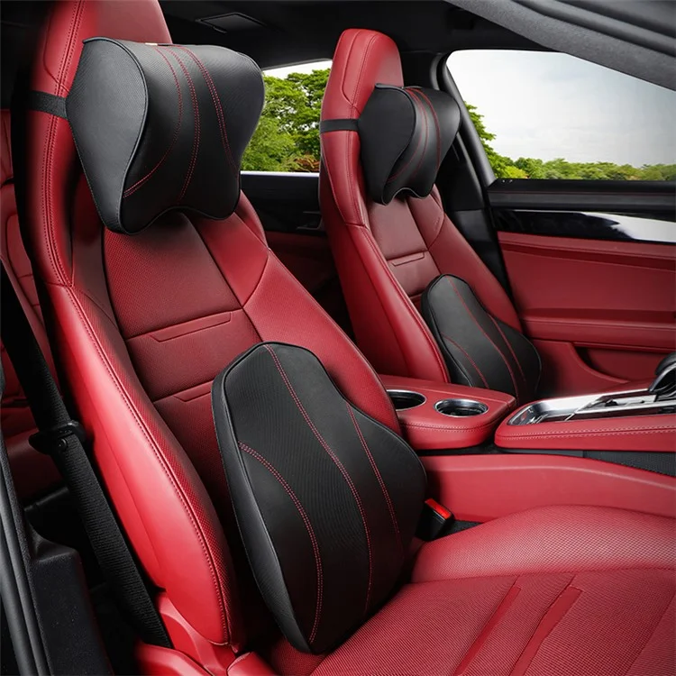 2Pcs TK002 Memory Foam Car Lumbar Support Back Cushion and Headrest Neck Pillow Set for Car Seat Office Chair - Black Leather/Red Line