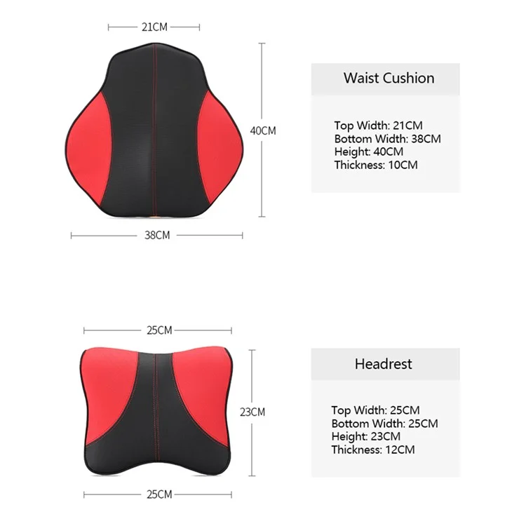2Pcs TK002 Memory Foam Car Lumbar Support Back Cushion and Headrest Neck Pillow Set for Car Seat Office Chair - Black Leather/Red Line