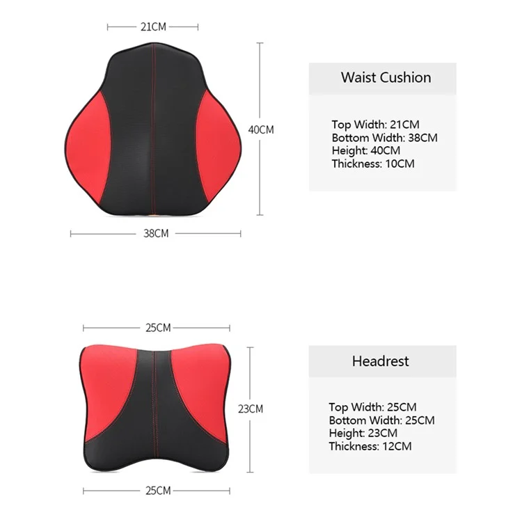 2pcs Tk002 Speicherschaumwagen Lendenhalle Rückenkissen Und Kopfstützen -halskissen Set Für Autositz Office Stuhl - Schwarze Leder-/rote Linie