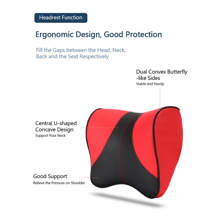 2Pcs TK002 Memory Foam Car Lumbar Support Back Cushion and Headrest Neck Pillow Set for Car Seat Office Chair - Black Leather/Red Line