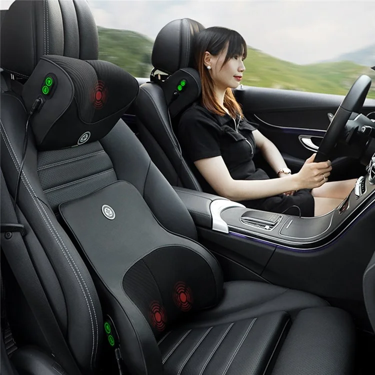 XIONGGUAN TK008AB Electric Massage Lumbar Support Cushion PVX+Mesh Cloth Car Lumbar Cushion with Headrest Pillow for Office Traveling - Black