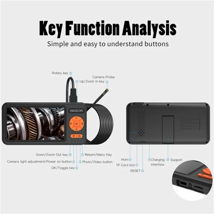 T29 Digital Borescope with 2 m rigid cable, 7.9 mm dual lens, 1080P industrial endoscope, IP67 waterproof camera