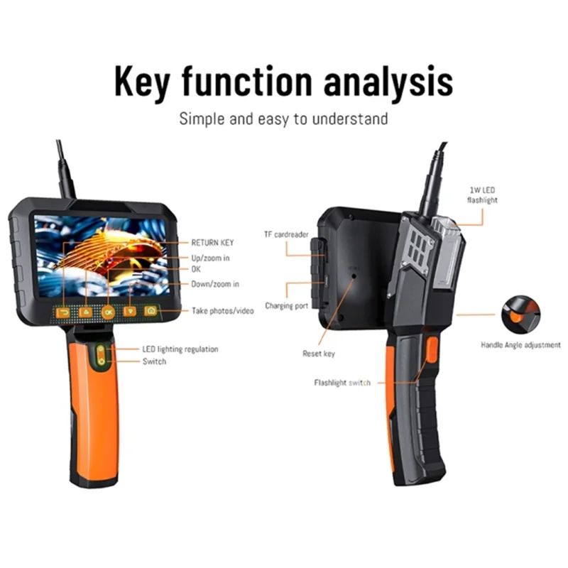 T27 Digital Industrial Borescope 1m 5.5mm Dual-Lens 5-inch 1080P Handheld Endoscope with Light
