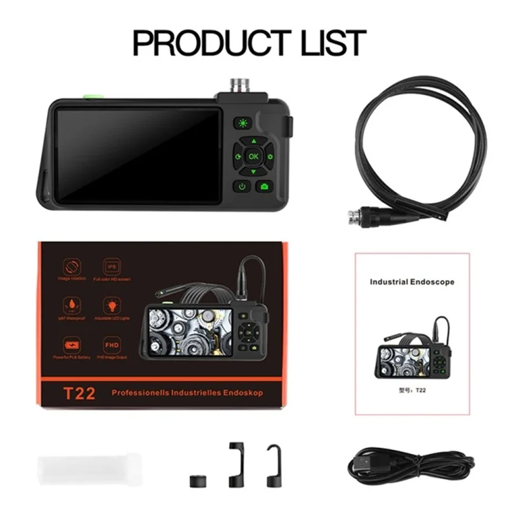 T22 Dual Lens Industrial Endoscope with 4pcs Light 3.5m 4.5 inch 5.5mm 1080P IP67 Waterproof Digital Borescope