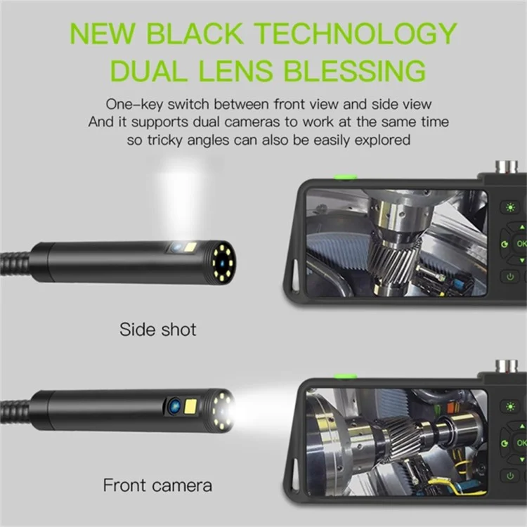 T22 Dual Lens Industrial Endoscope with 4pcs Light 3.5m 4.5 inch 5.5mm 1080P IP67 Waterproof Digital Borescope
