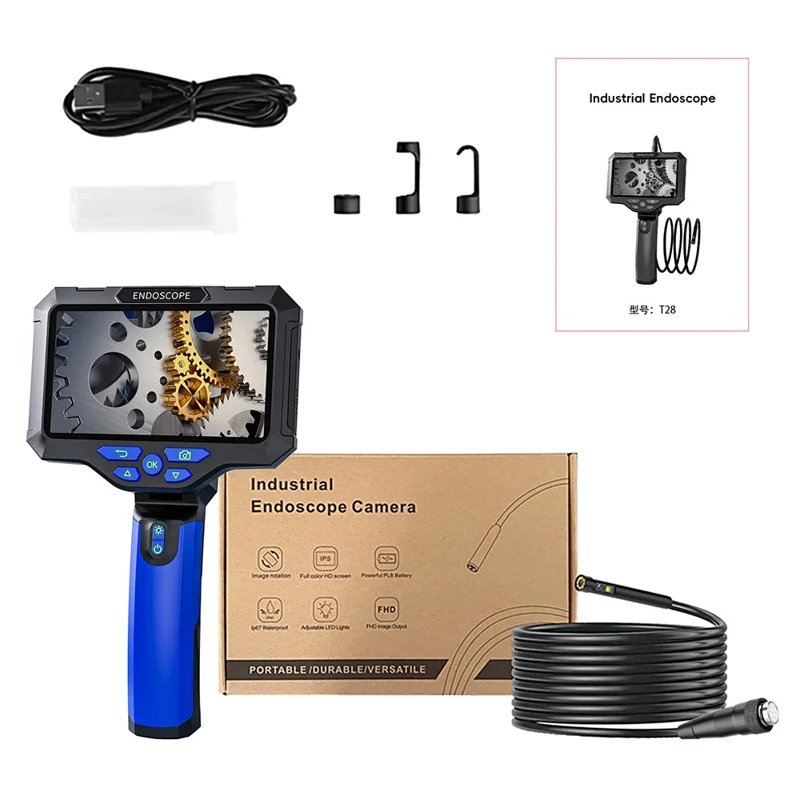 T28 5.5mm Dual Lens Endoscope with 4pcs Light 5m 5-inch 1080P Digital Industrial Borescope