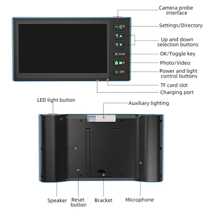 T23 7.9mm Triple Lens Borescope 2m 7 inch IPS Screen 1080P HD Industrial Endoscope IP67 Waterproof Camera