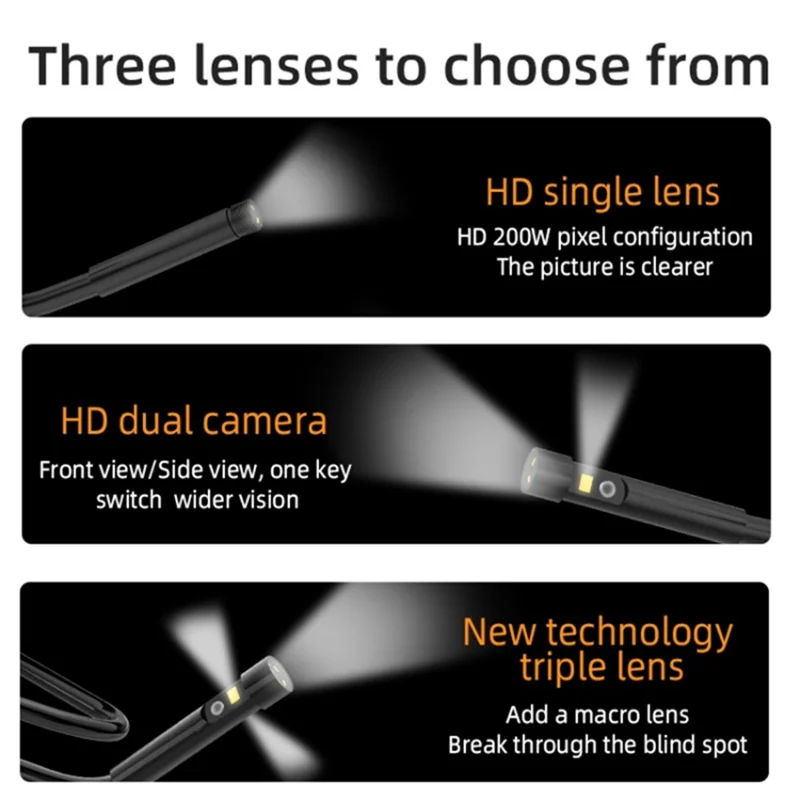 T23 7 inch Dual-Lens Industrial Borescope with 8pcs Light 1m 7.9mm HD 1080P Endoscope IP67 Waterproof Camera