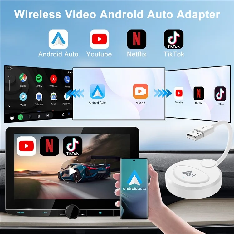 Adaptateur sans fil Android Auto 020-6++ Connexion instantanée de câblé à sans fil Dongle USB - Blanc