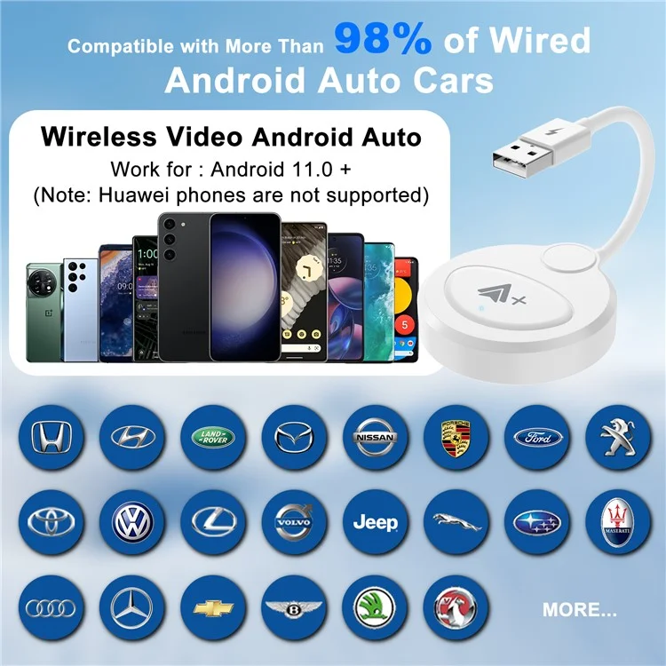 Adaptateur sans fil Android Auto 020-6++ Connexion instantanée de câblé à sans fil Dongle USB - Blanc