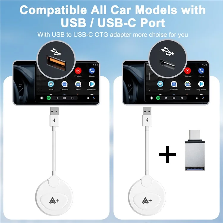 Adaptateur sans fil Android Auto 020-6++ Connexion instantanée de câblé à sans fil Dongle USB - Blanc
