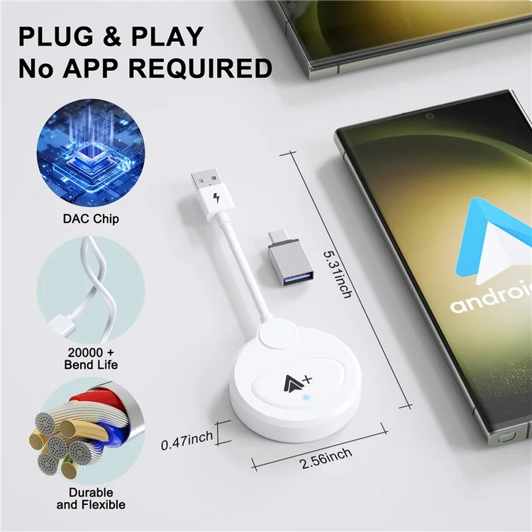 Adaptateur sans fil Android Auto 020-6++ Connexion instantanée de câblé à sans fil Dongle USB - Blanc