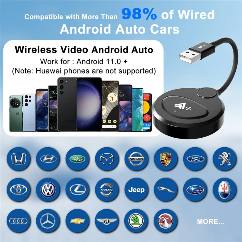 020-6++ Android Auto Wireless Adapter Instant Connection Wired to Wireless USB Dongle - Black