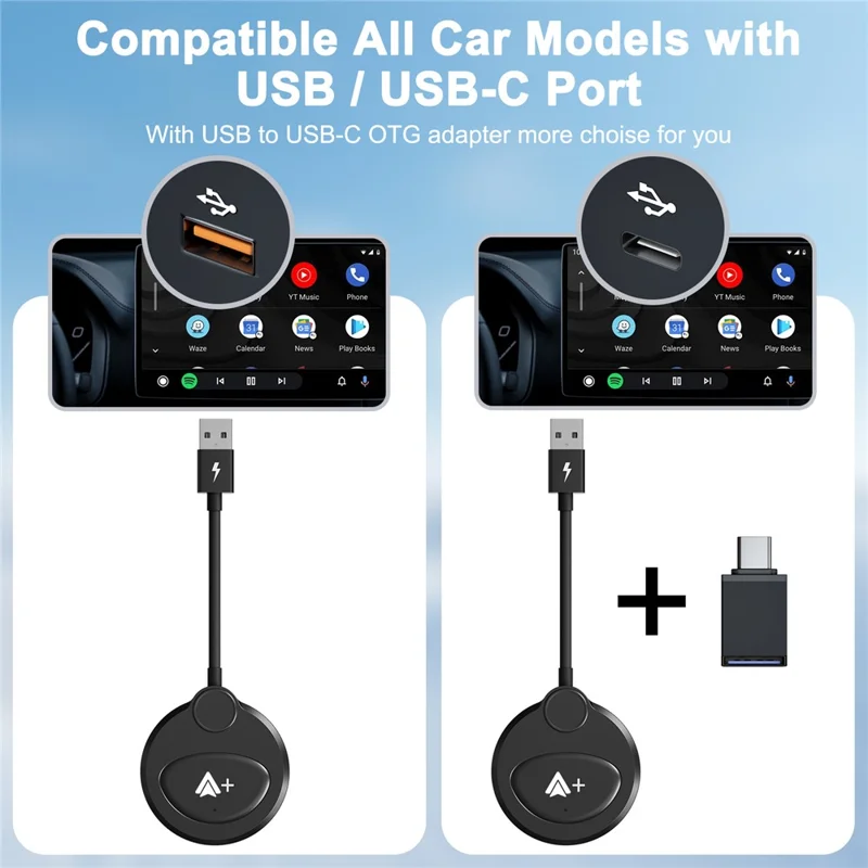 020-6++ Android Auto Wireless Adapter Instant Connection Wired to Wireless USB Dongle - Black
