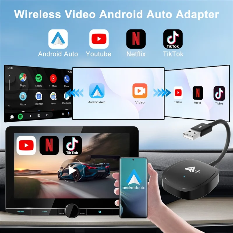 020-7++ Adattatore wireless Android Auto per streaming video da cavo a wireless USB - Nero
