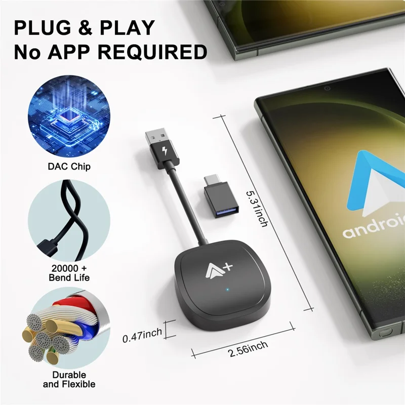 020-7++ Adattatore wireless Android Auto per streaming video da cavo a wireless USB - Nero