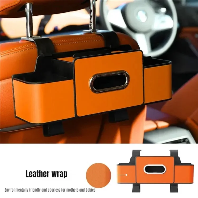 Rücksitz-Organizer mit mehreren Funktionen, Leder+ABS, Taschentuchbox, Getränkehalter mit Haken - Orange
