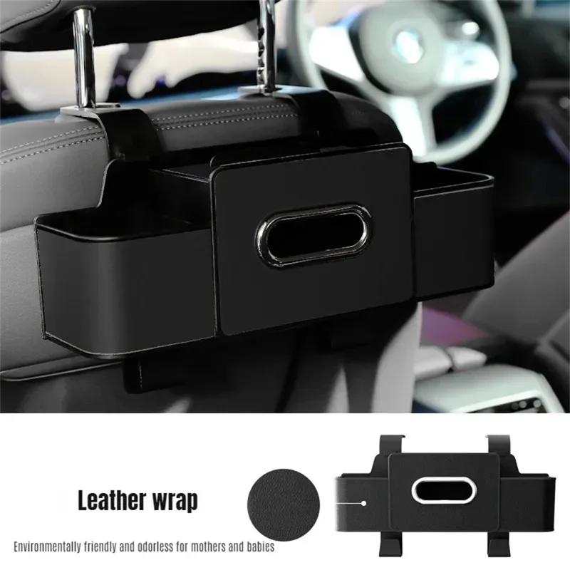 Car Seat Back Multi-Function Storage Organizer Leather+ABS Tissue Box Cup Holder with Hooks - Matte Black