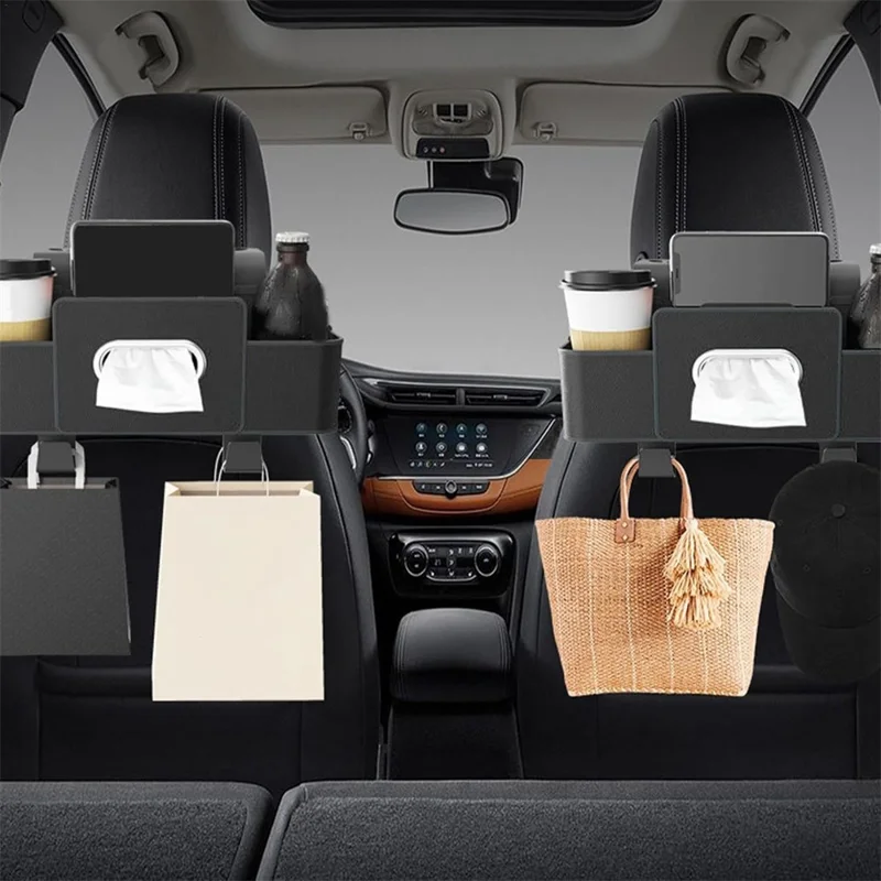 Car Seat Back Multi-Function Storage Organizer Leather+ABS Tissue Box Cup Holder with Hooks - Matte Black