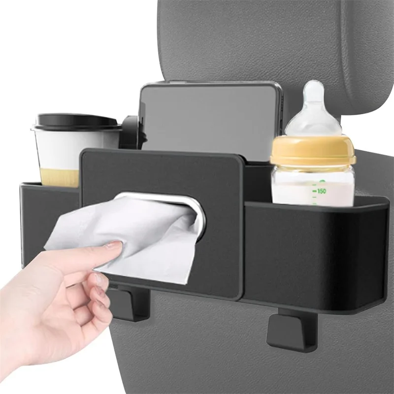 Car Seat Back Multi-Function Storage Organizer Leather+ABS Tissue Box Cup Holder with Hooks - Matte Black