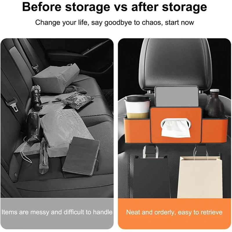 Car Seat Back Multi-Function Storage Organizer Leather+ABS Tissue Box Cup Holder with Hooks - Matte Black