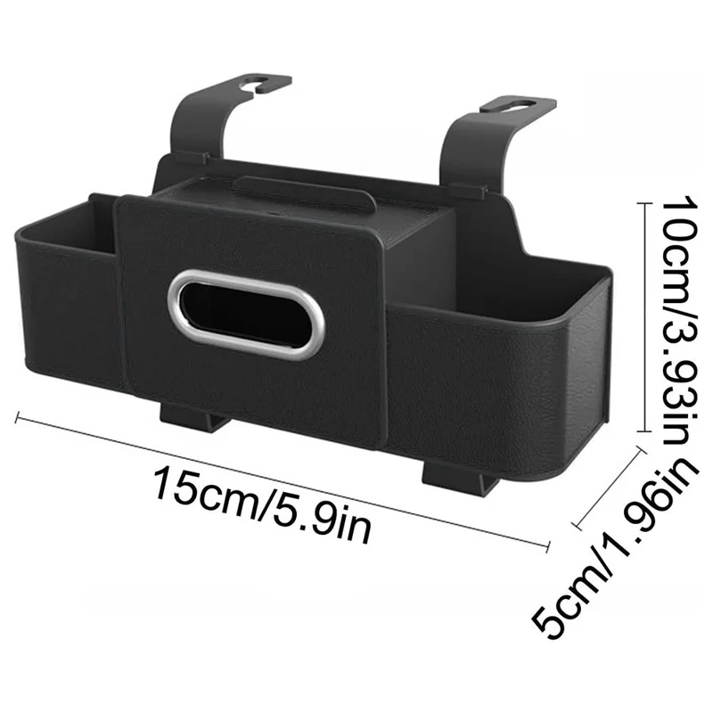 Car Seat Back Multi-Function Storage Organizer Leather+ABS Tissue Box Cup Holder with Hooks - Matte Black
